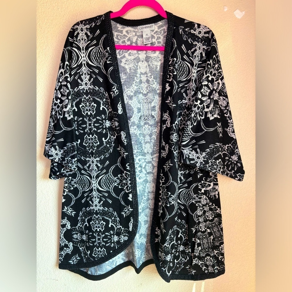 Catherines Floral Paisley Open Front Crochet Trim Kimono Sleeve Sweater 22/24 2X